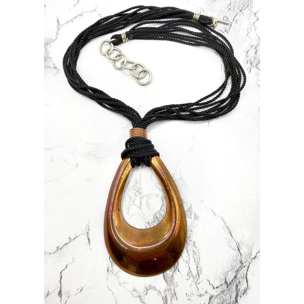 Large Iridescent Copper Tone Teardrop Pendant Necklace Multi Strand Cord